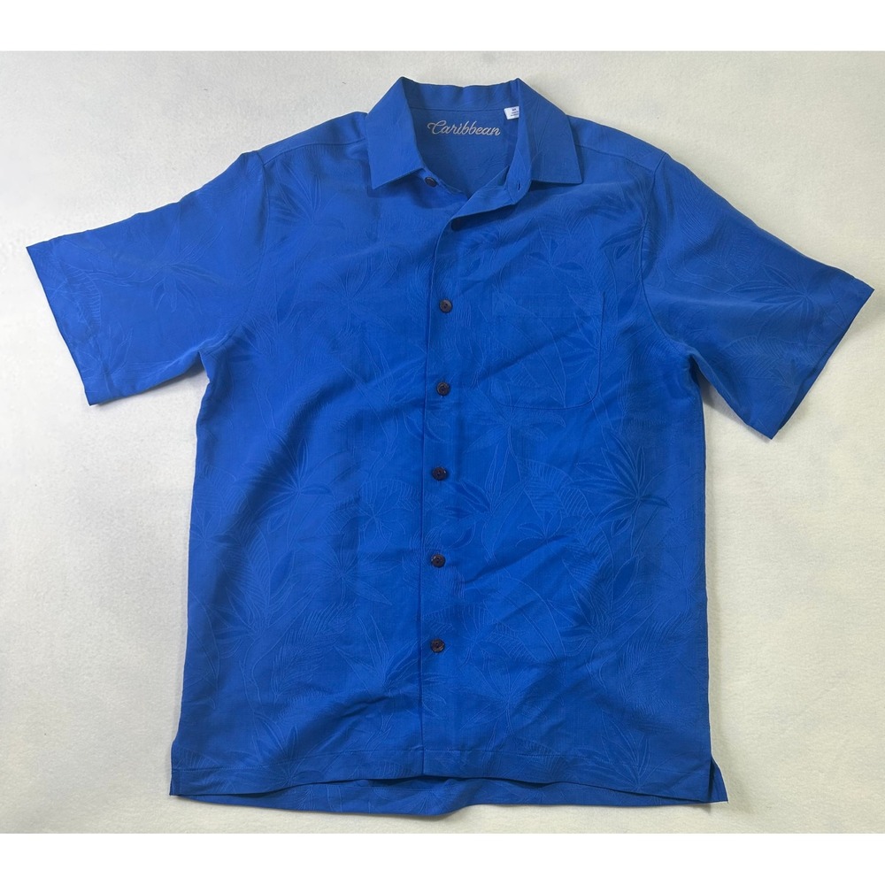 Caribbean Mens Blue Jacquard Tropical Leaf Button Up Camp Shirt Size‎ Medium